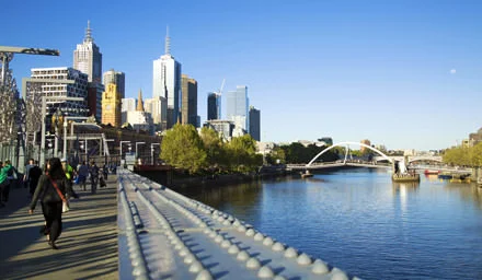 The Melbourne skyline, including Flinders Street Station & one of many footbridges over the Yarra river.