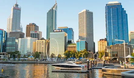 The Perth City skyline with Elizabeth Quay in the foreground. 